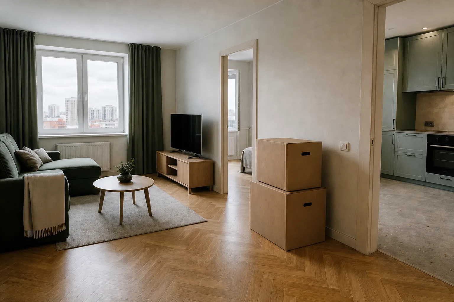 The same apartment before cleaning, with dust by the radiator and marks in the kitchen
