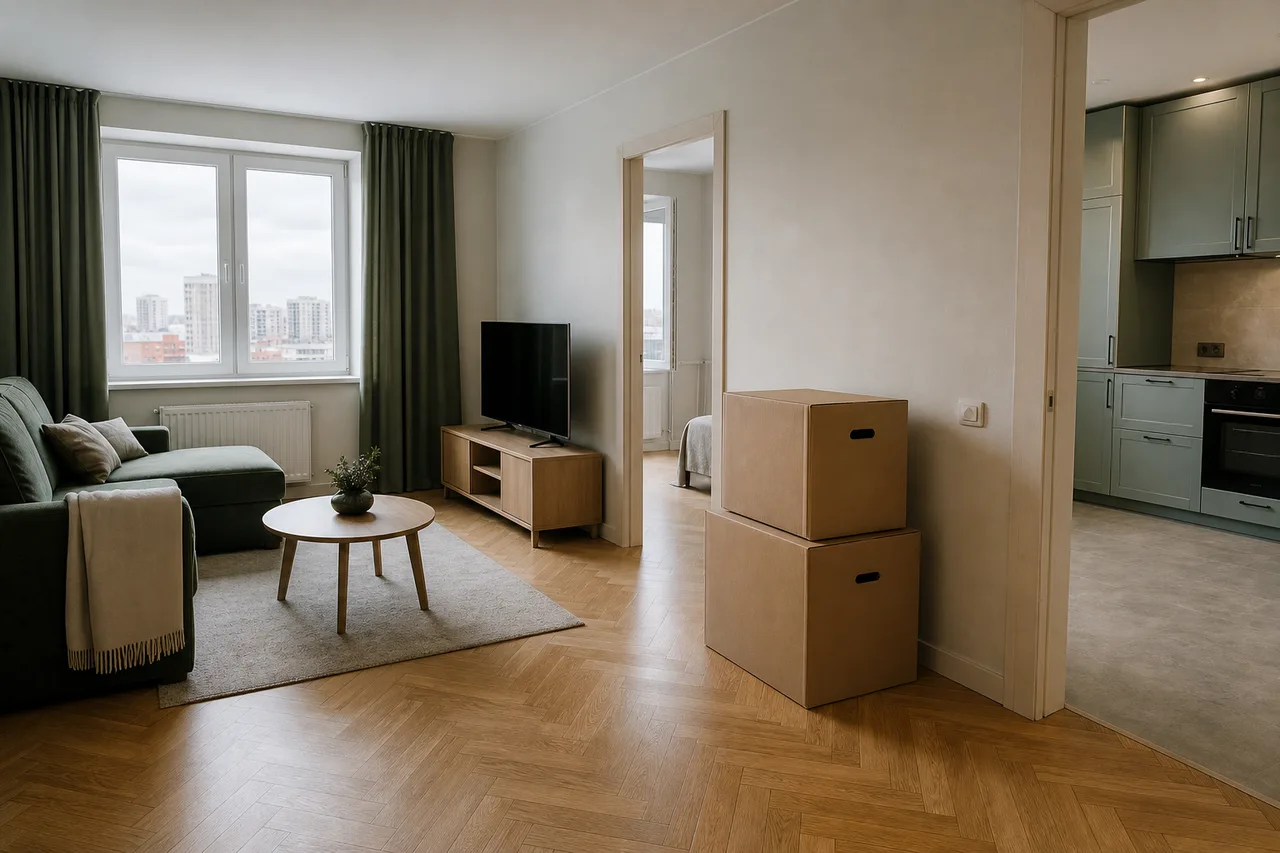 Clean city apartment with moving boxes before move-in