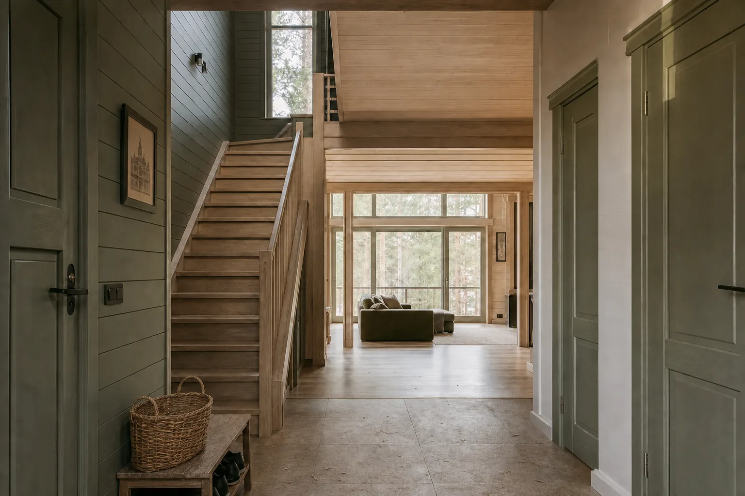 The same entry area with sand on the tile and dust on the staircase