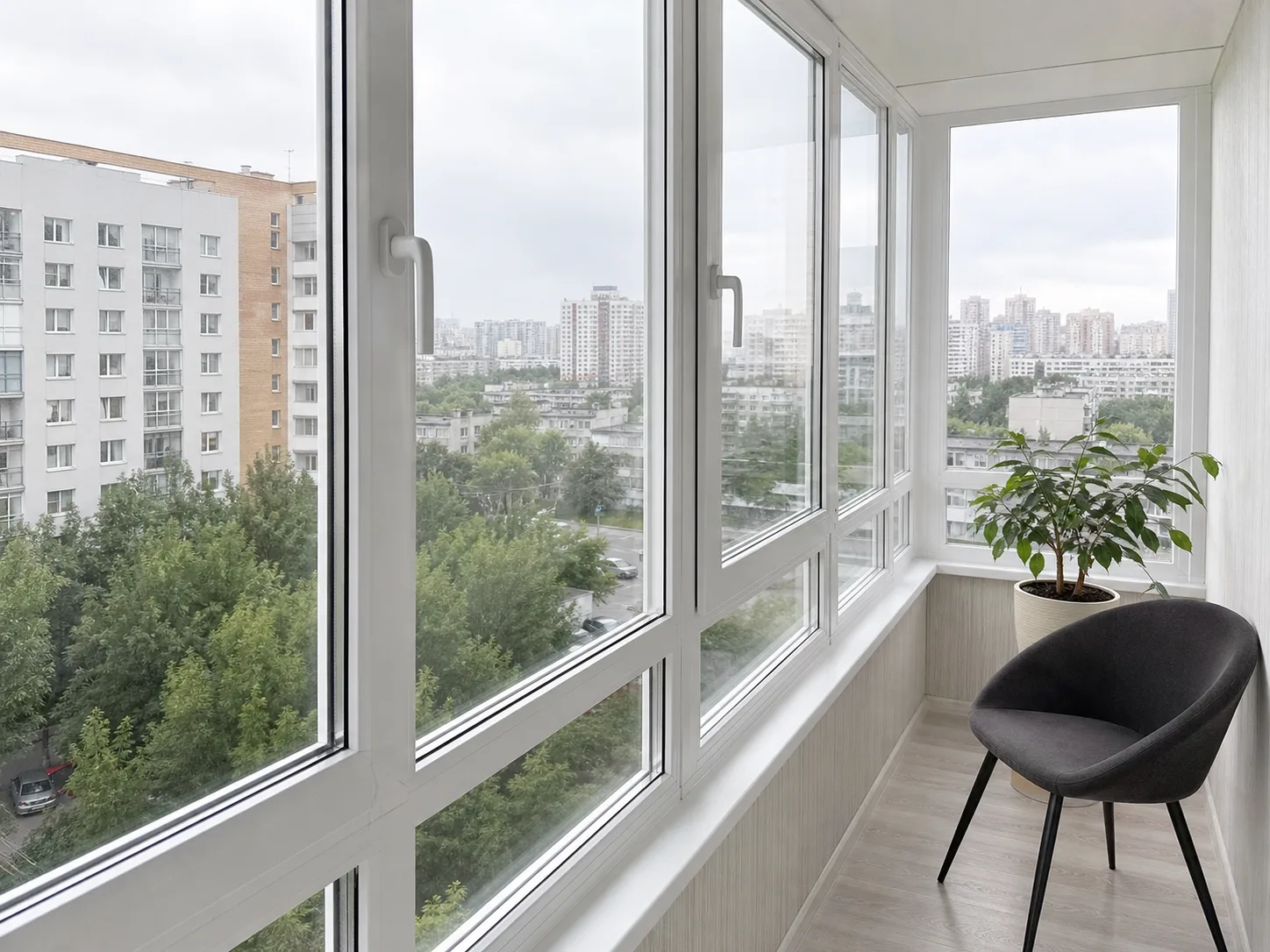 Clean glazed balcony with a city view