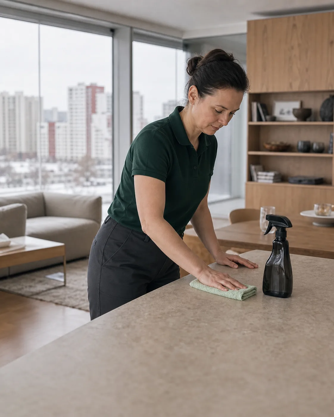 A Laykil Shop cleaner gently wipes a stone countertop in a bright kitchen