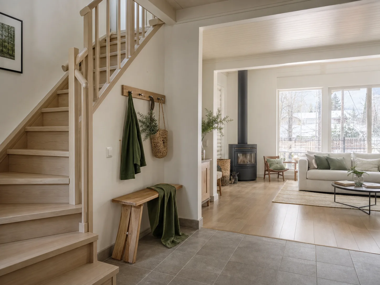 Bright single-family home with a wooden staircase after cleaning