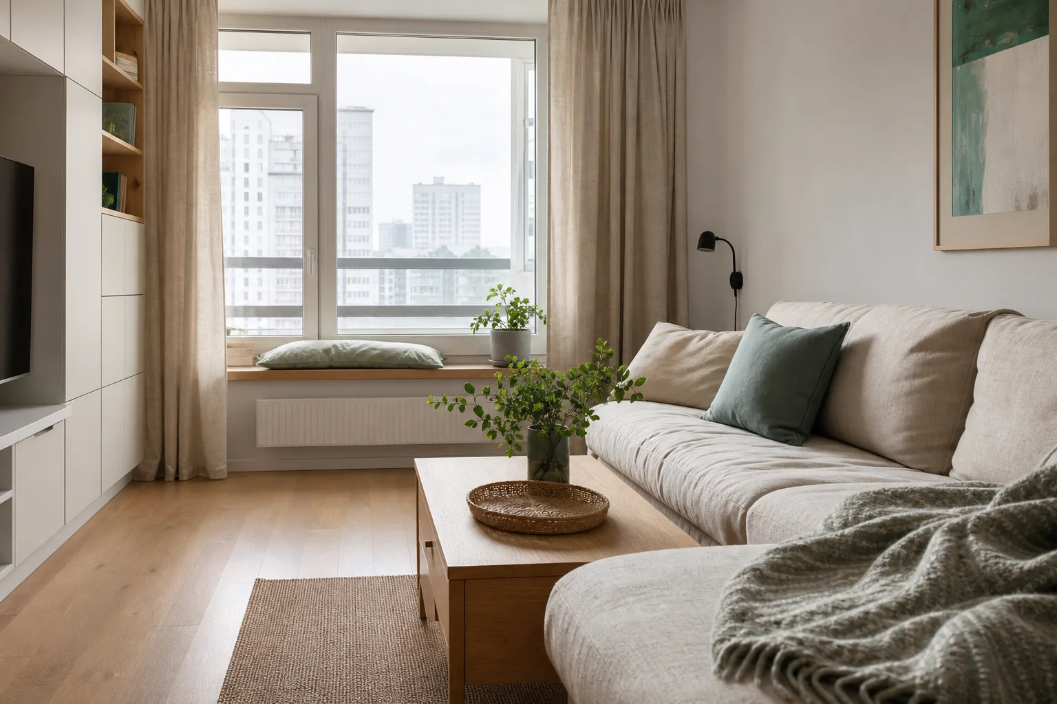 Clean, bright living room with a linen sofa and a wooden table