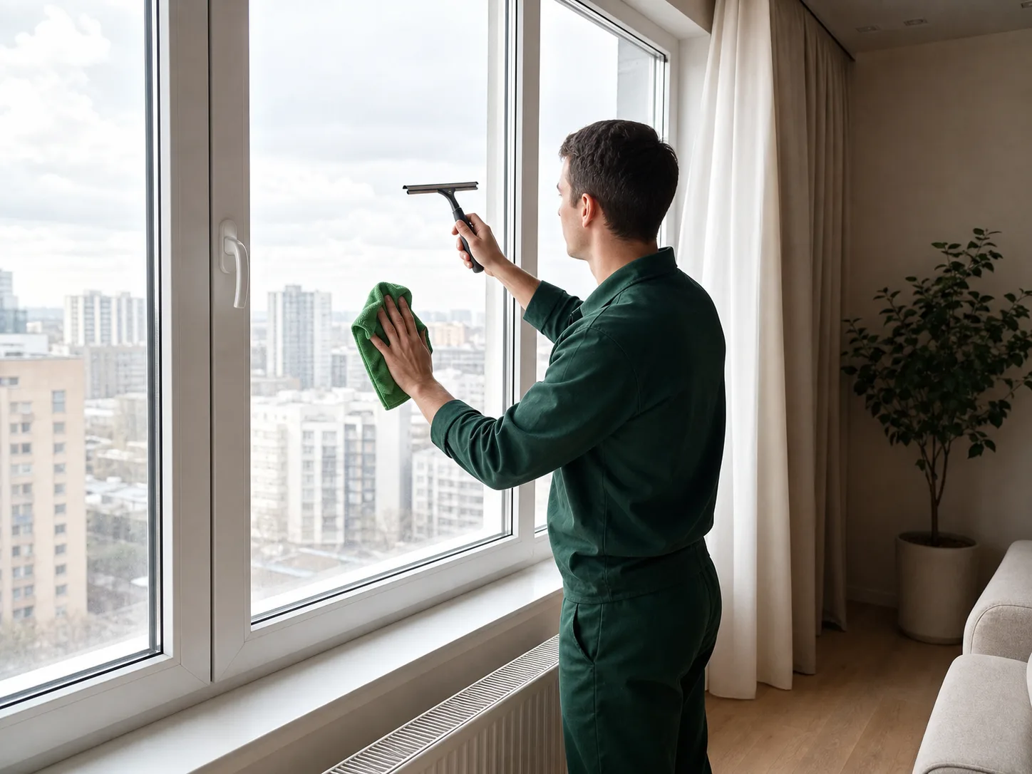 A team member in green uniform carefully cleans a window from inside